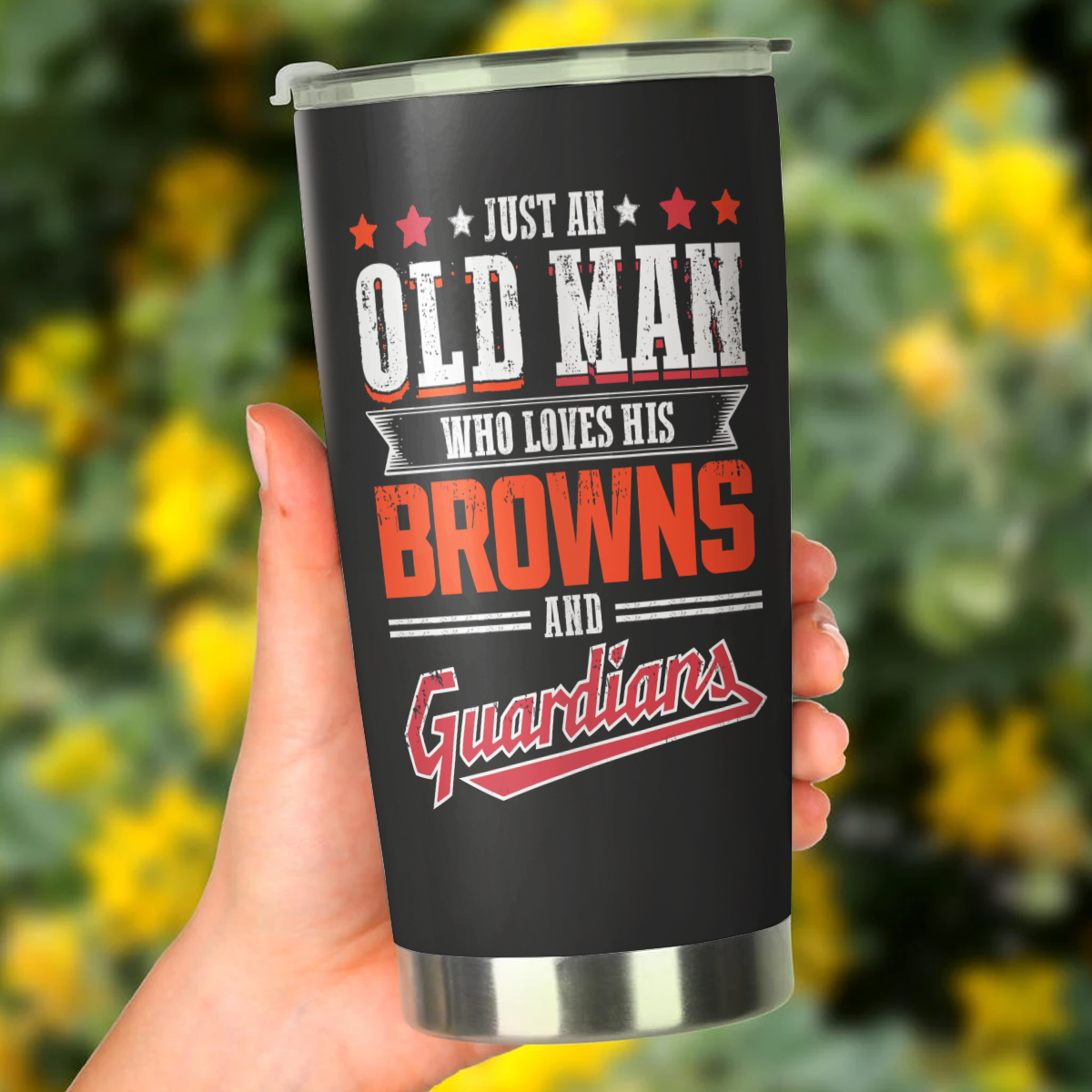 Just An Old Man Who Loves His Cleveland Foorball And Baseball Tumbler