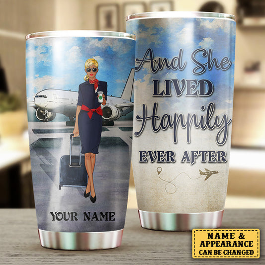 Personalized Flight Attendant And She Lived Happily Ever After Tumbler