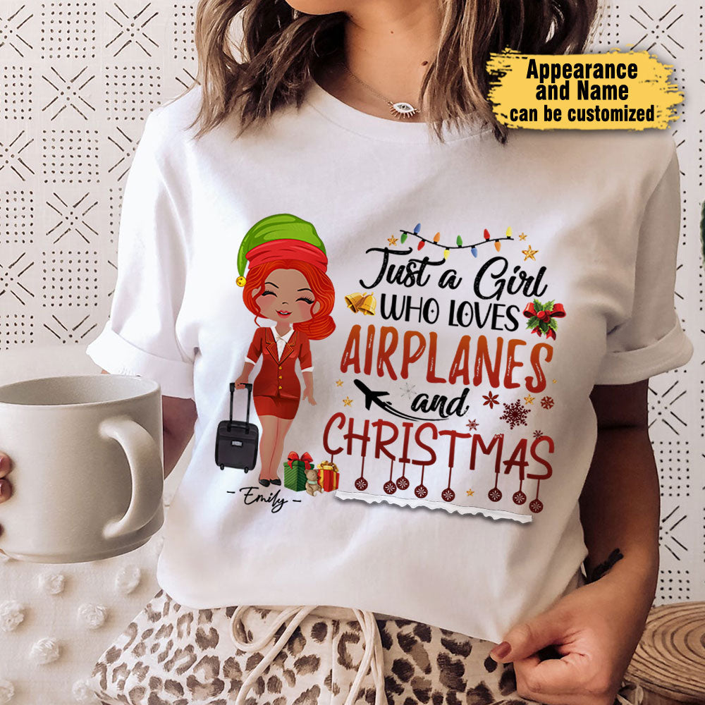 Just A Girl Who Loves Airplanes And Christmas - Personalized Christmas Shirt