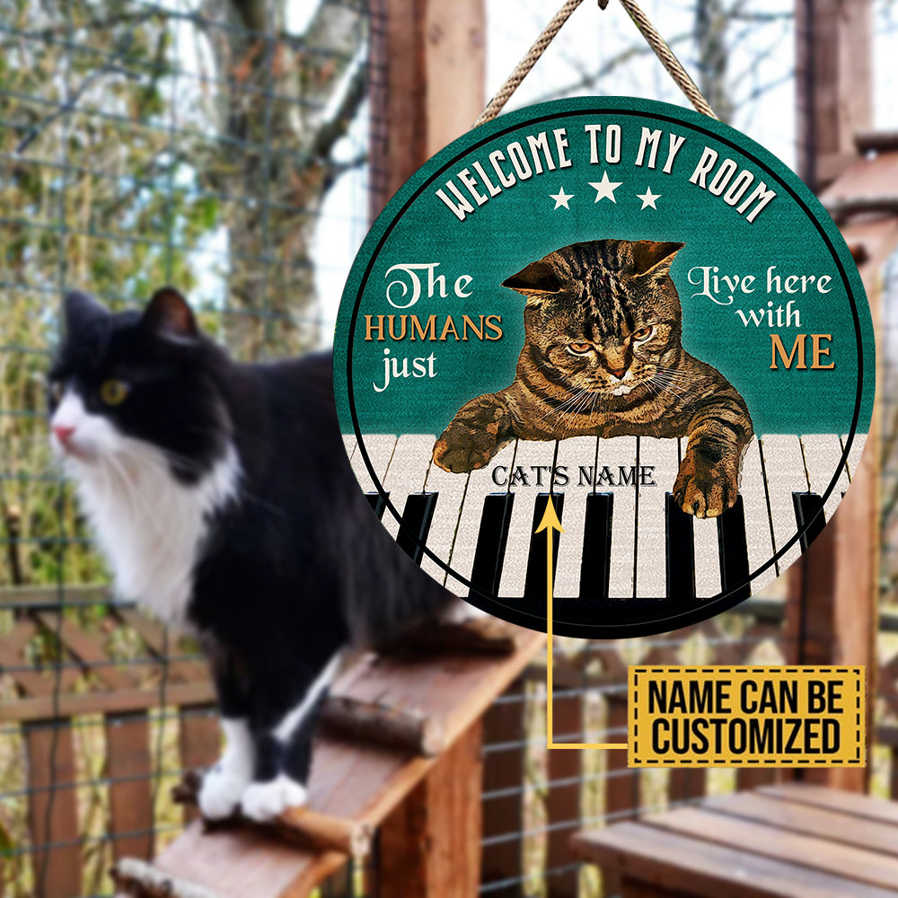 Personalized Welcome To My Room Cat Piano Wood Round Sign