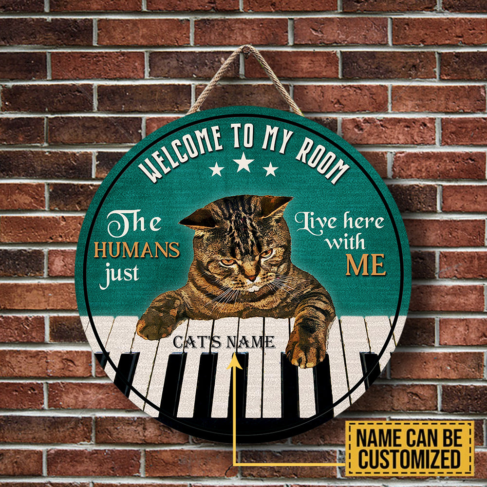 Personalized Welcome To My Room Cat Piano Wood Round Sign