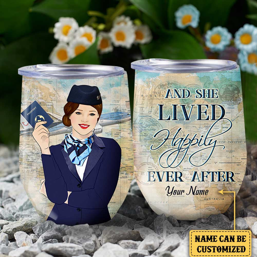 Personalized And She Lived Happily Ever After Flight Attendant Wine Tumbler