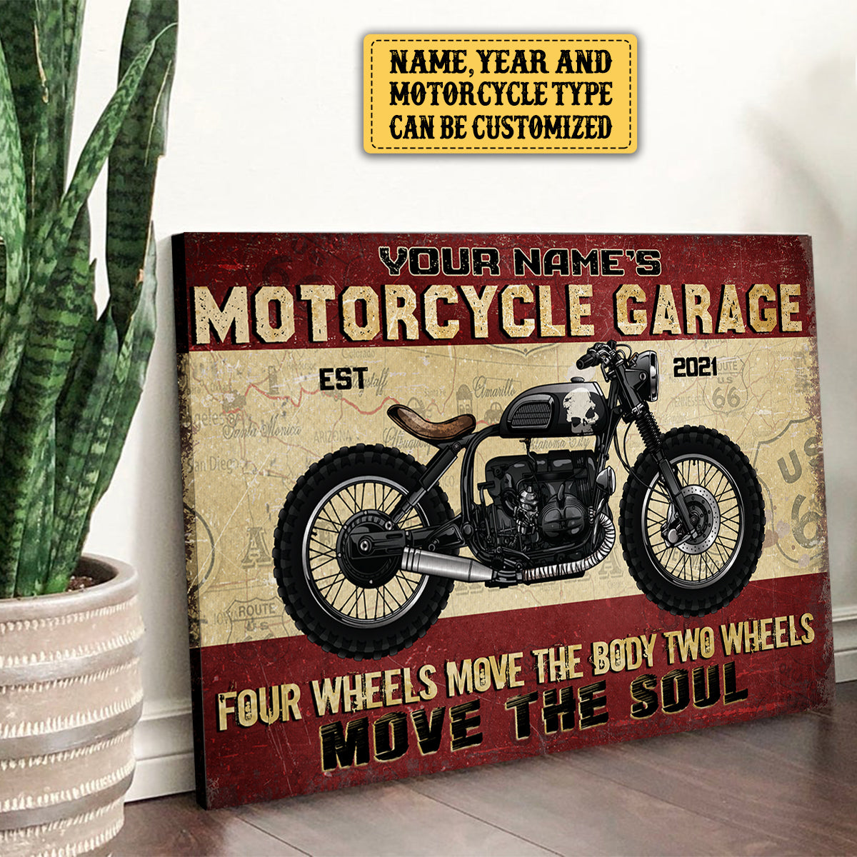 Personalized Motorcycle Garage Four Wheels Move The Body Two Wheels Move The Soul Poster & Canvas