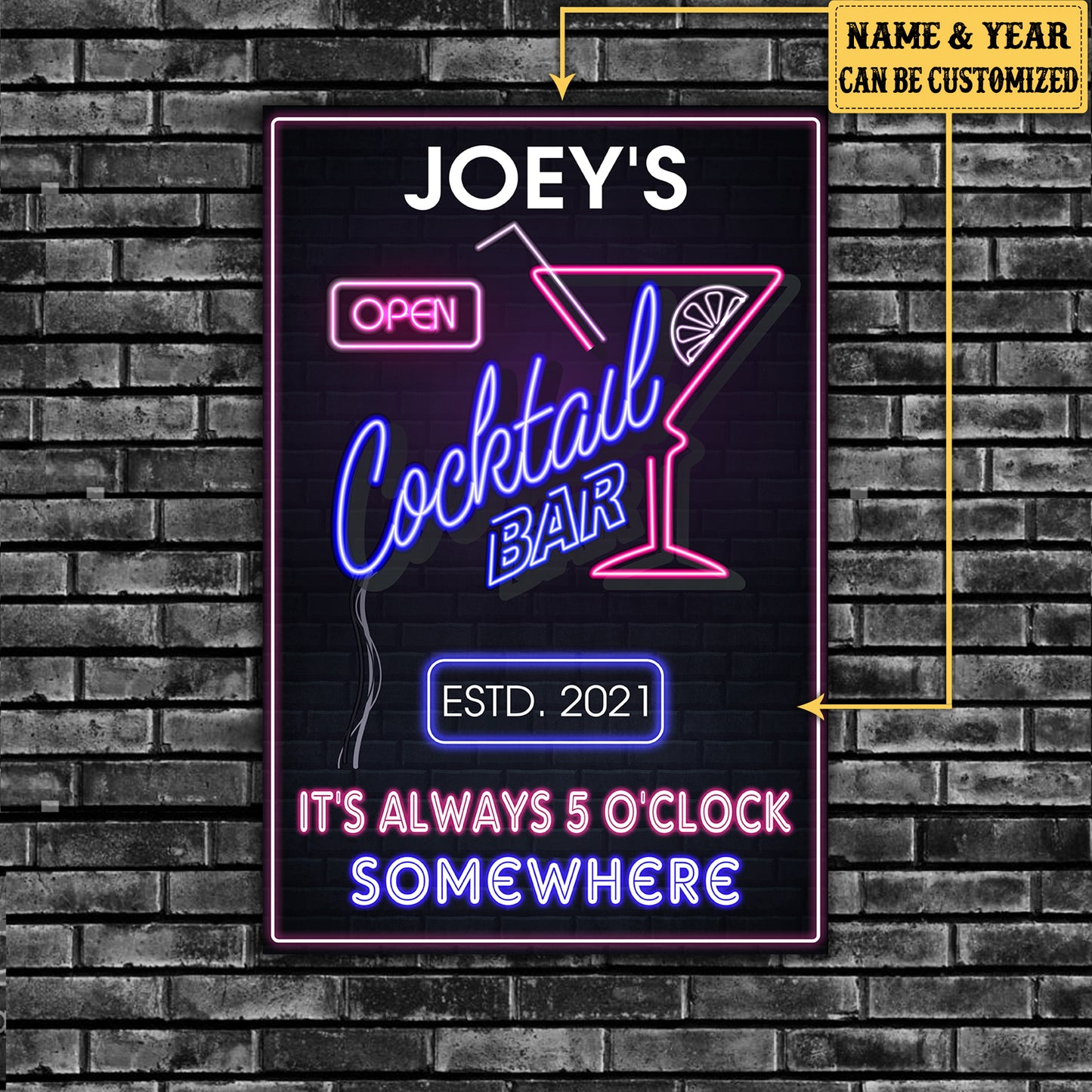 Personalized Cocktail Bar It's Always O'clock Somewhere Metal Sign