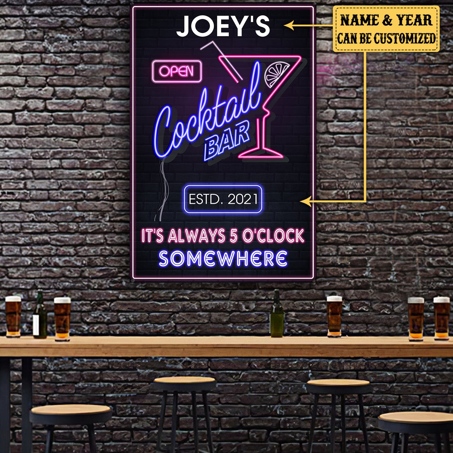 Personalized Cocktail Bar It's Always O'clock Somewhere Metal Sign