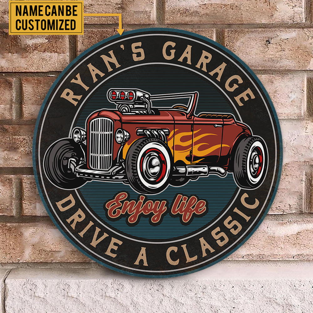 Personalized Hot Rod Garage Wood Round Sign