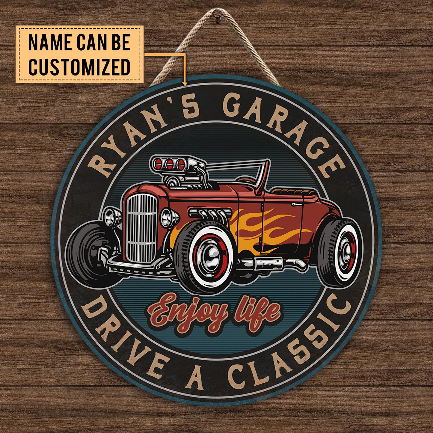 Personalized Hot Rod Garage Wood Round Sign