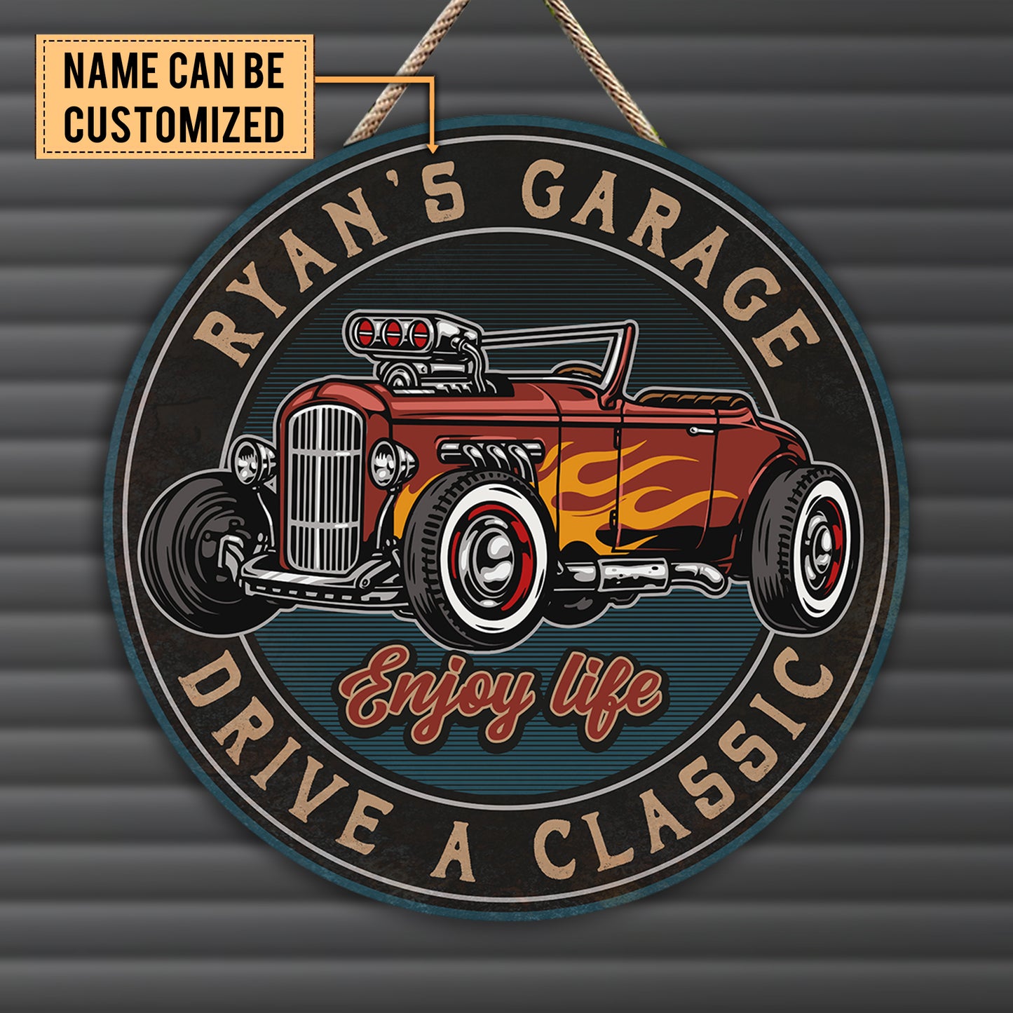 Personalized Hot Rod Garage Wood Round Sign