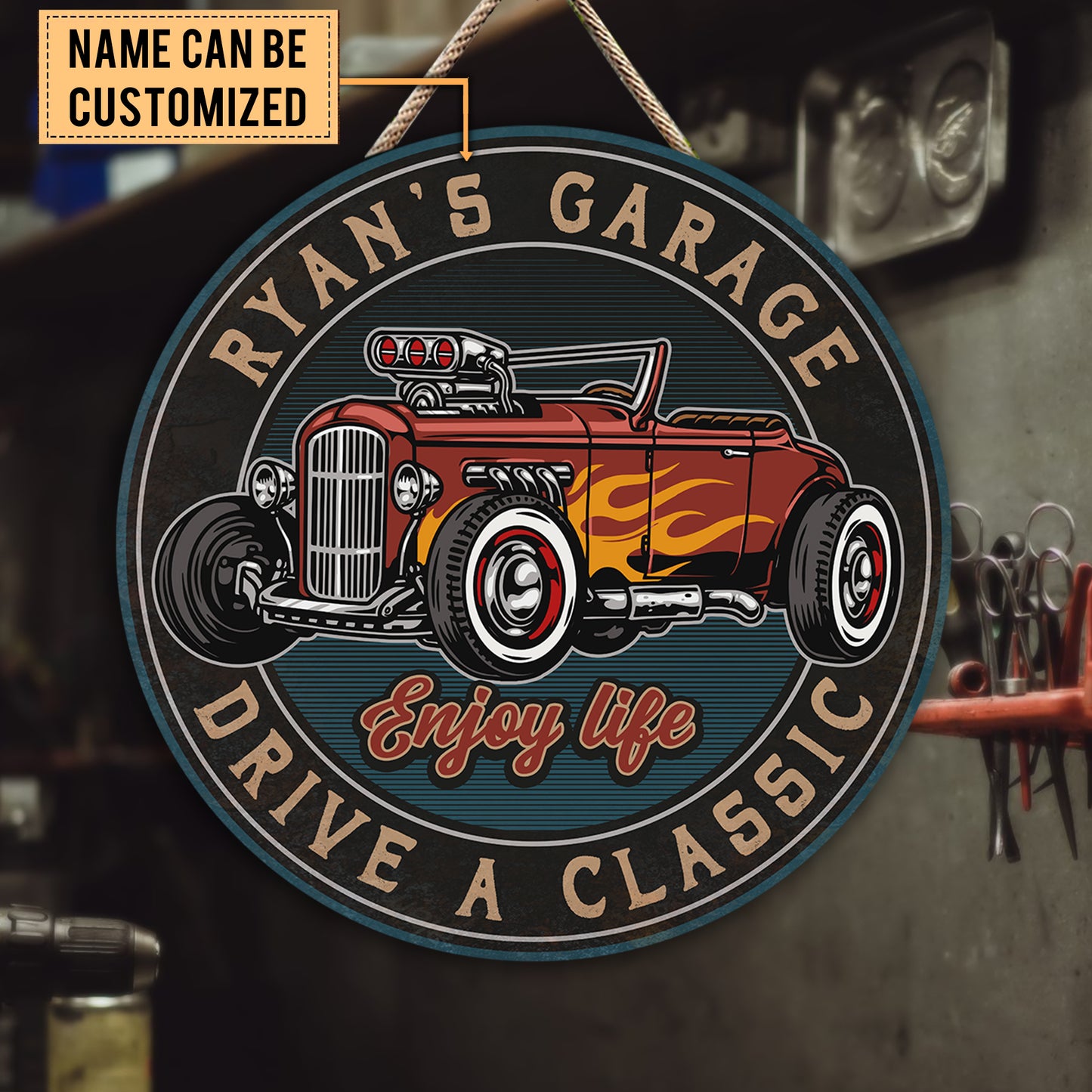 Personalized Hot Rod Garage Wood Round Sign