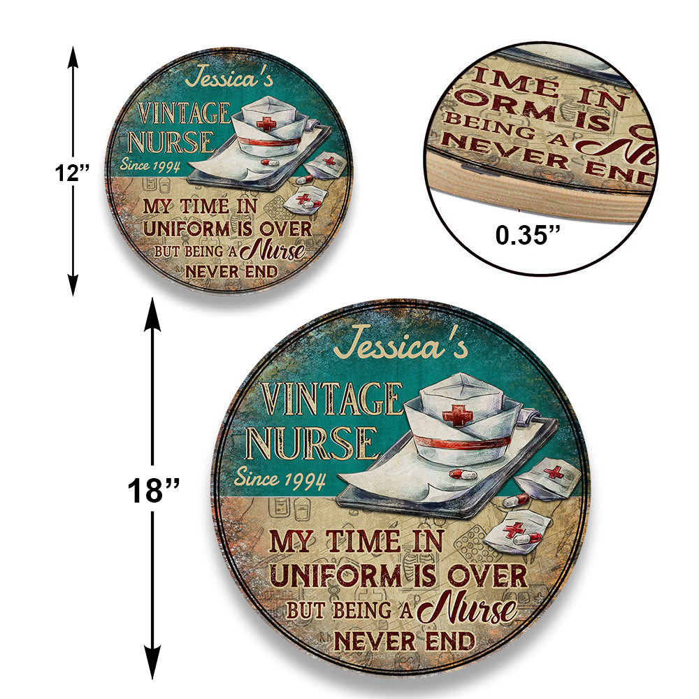 Personalized My Time In Uniform Is Over But Being A Nurse Never End Wood Round Sign