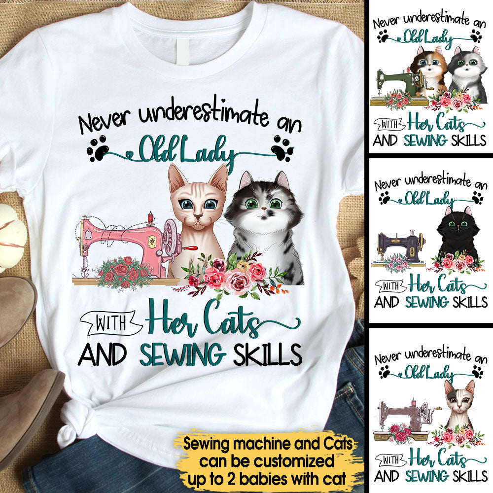 Personalized Never Underestimate An Old Lady With Her Cats And Sewing Skills Shirt