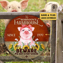 Personalized Pig Farm House Beware Wood Round Sign