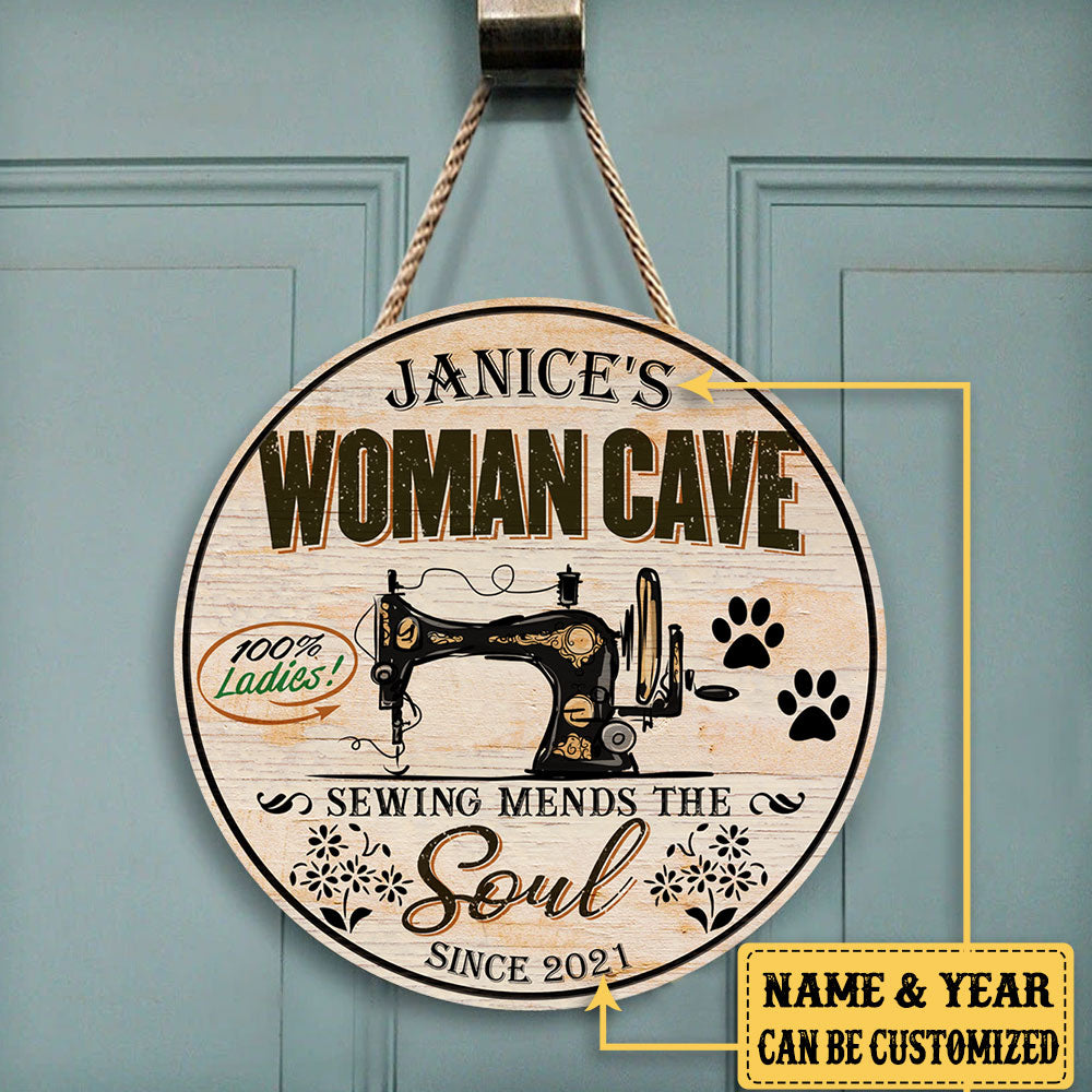 Personalized Sewing Room Woman Cave Wood Round Sign