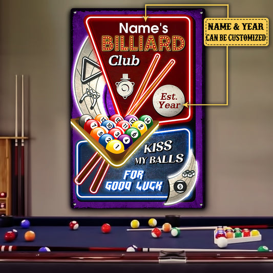 Personalized Billiard Club Kiss My Balls For Good Luck  Metal Sign