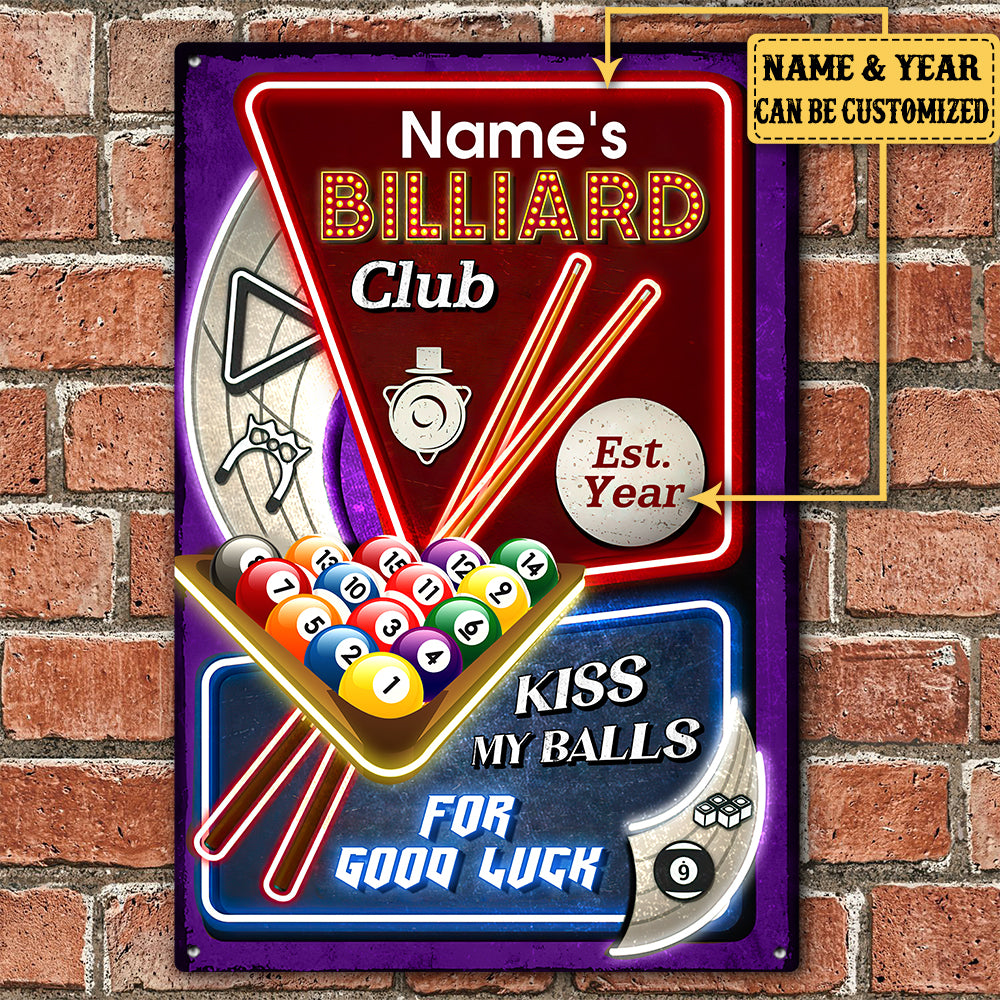 Personalized Billiard Club Kiss My Balls For Good Luck  Metal Sign