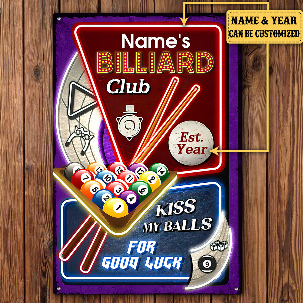 Personalized Billiard Club Kiss My Balls For Good Luck  Metal Sign